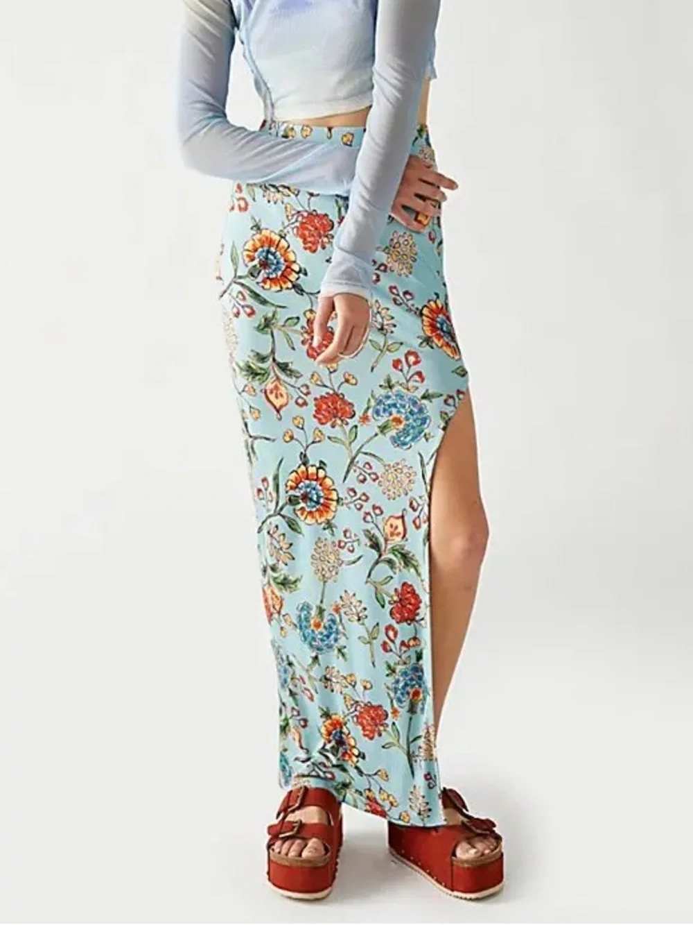 Free People Small Floral Print Stretch Jersey Side-Slit Maxi Skirt in Light Blue